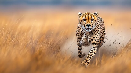 Naklejka premium Cheetah Running in Golden Grassland Landscape