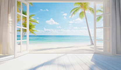 Breathtaking view of the ocean through open windows adorned with palm trees under a bright blue sky during a sunny day