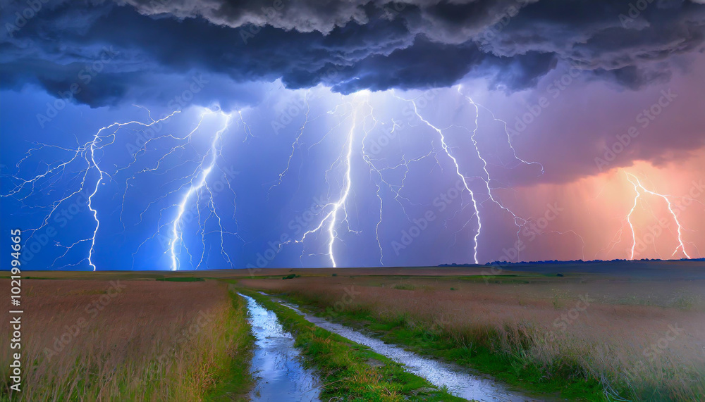 Poster dramatic lightning display over an open field during a stormy evening with dark clouds and distant t