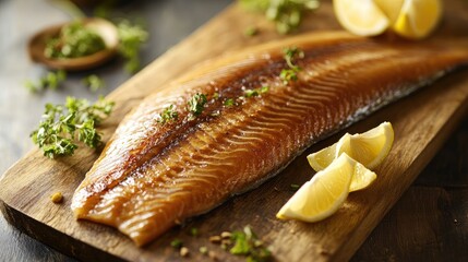 Freshly Smoked Fish with Lemon and Herbs on Board