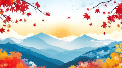 Scenic autumn landscape with colorful foliage framing a mountain range, sun shining in the distance.