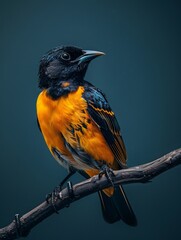 Fototapeta premium A vibrant bird with striking orange and black feathers perched gracefully on a branch. The background adds depth to this stunning wildlife image. Perfect for nature enthusiasts. AI