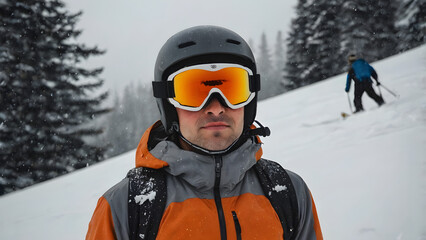 a person wearing a ski helmet and goggles standing in the snow generative ai