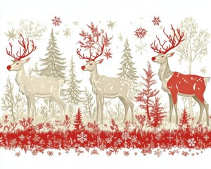 Festive Reindeer in Winter Wonderland: Artistic Christmas Scene with Snowflakes, Evergreen Trees, and Detailed Red and White Foliage