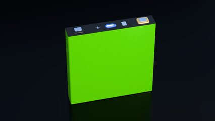 prismatic cell, green rectangular lithium ion phosphate LFP battery for modern electric vehicles and energy storage, 3d rendering