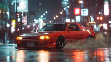 A red sports car drifts on a wet city street at night, with glowing headlights and taillights, and a trail of smoke from the tires.