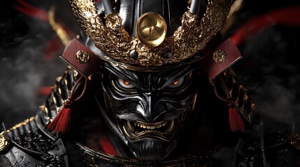 A close-up portrait of a samurai warrior with a menacing expression wearing traditional black armor and a gold helmet. The warrior's eyes glow red.