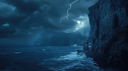 A dramatic cliffside view overlooking a stormy sea with lightning
