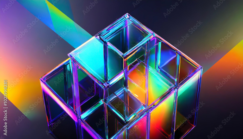 Poster colorful geometric structure with transparent cubes reflecting light in a vibrant abstract environme