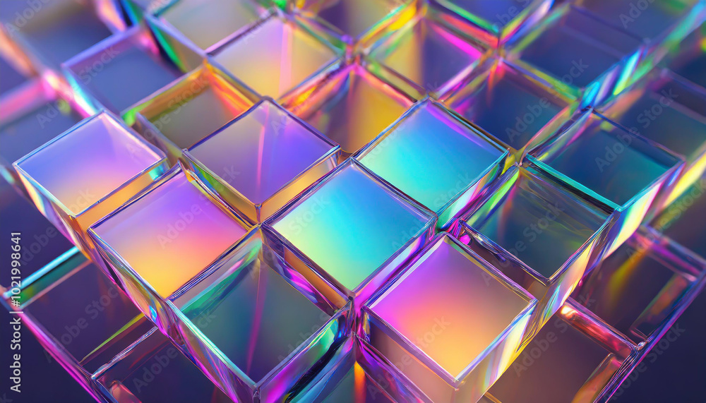 Poster colorful translucent cubes arranged in a geometric pattern reflecting light in an artistic display