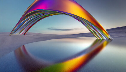 Colorful arch reflecting in still water at dawn in a serene landscape with gentle hills and a clear sky