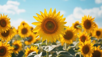 A field of sunflowers swaying in the breeze under a clear blue sky