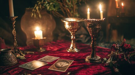  altar, covered in deep red velvet, with flickering candles, silver chalice, and Tarot cards ,  ceremonial dagger