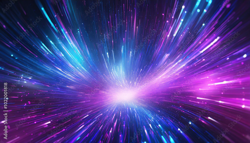 Poster vibrant burst of light and color radiating from a central point in an abstract cosmic pattern