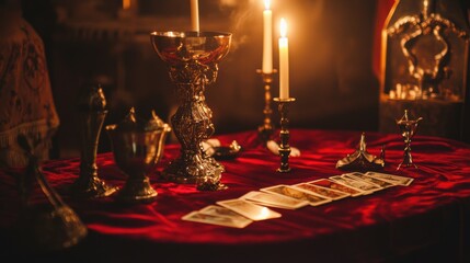  altar, covered in deep red velvet, with flickering candles, silver chalice, and Tarot cards ,  ceremonial dagger