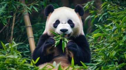 Obraz premium Cute panda eating bamboo in a lush green setting