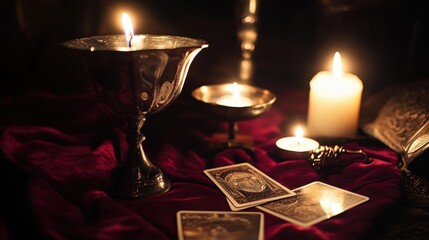  altar, covered in deep red velvet, with flickering candles, silver chalice, and Tarot cards ,  ceremonial dagger