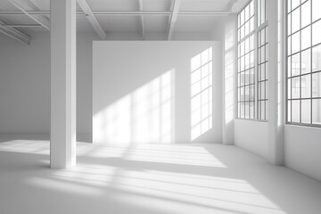 Fototapeta premium Empty white room with large windows and pillar, minimalist interior design with sunlight
