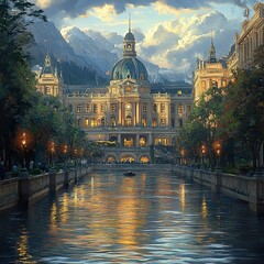 Fototapeta premium Grand Architecture by the River: A Cityscape at Dusk