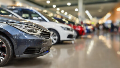 A lineup of new cars displayed for sale in a modern showroom during daytime with bright lights and shiny surfaces