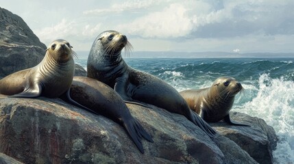 Obraz premium Seals Relaxing on Rocky Shoreline by Ocean Waves