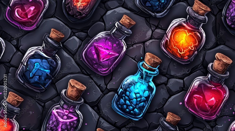 Poster Dark Magical Bottles Seamless Pattern Design