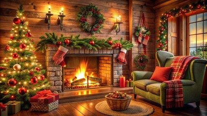 Christmas fireplace illustration featuring a classic black outline, showcasing a cozy mantel adorned with festive decorations, stockings hung with care, and a warm fire glowing inside.