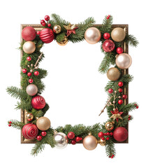 Christmas square photo frame, decorated with balls and Christmas tree branches , isolated on transparent background