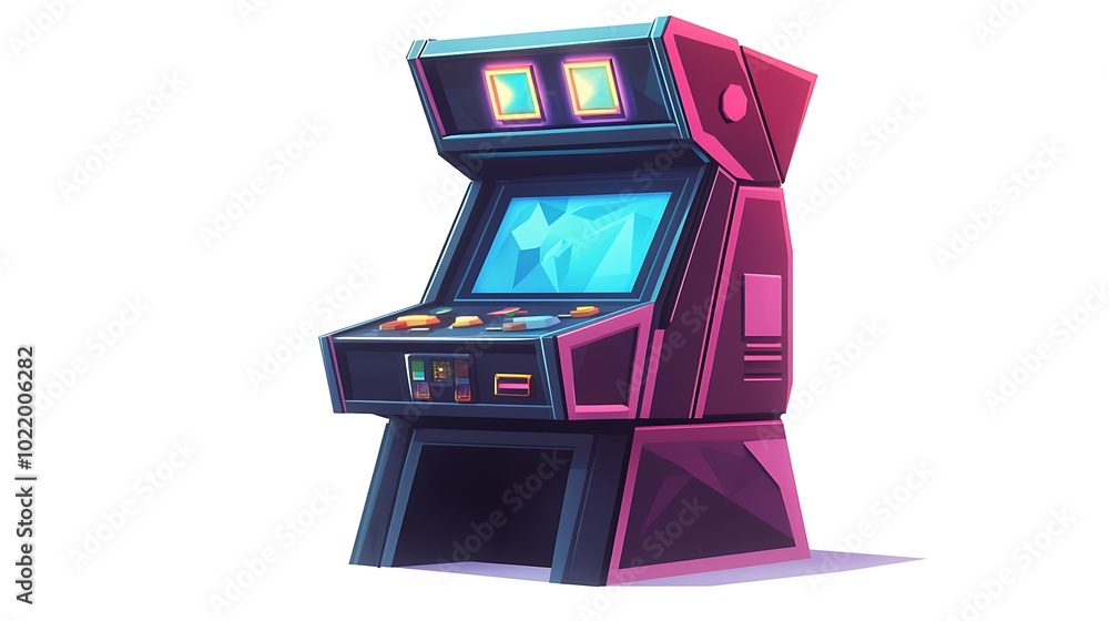 Poster retro arcade game machine with neon lights, isolated on white background