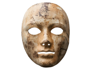 An old ancient mask with a detailed, cracked surface, isolated on transparent background