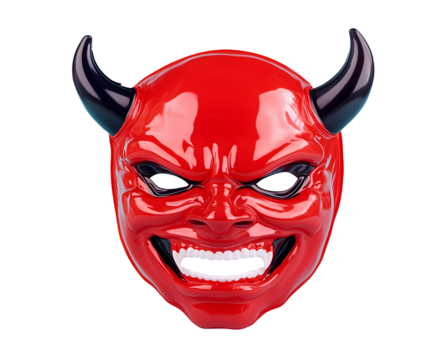A vibrant red devil mask with horns and grinning teeth, perfect for Halloween or costume parties
