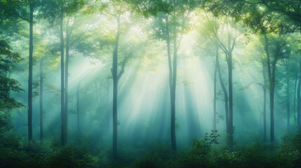 Obraz premium Sunlight filters through tall trees in a serene forest, creating a magical atmosphere during early morning hours