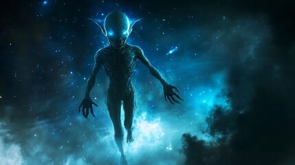 Fototapeta premium Glowing ethereal creature with sharp claws and pointed ears in dark fantasy scene. Illustration with blue and white light, 3d rendering.