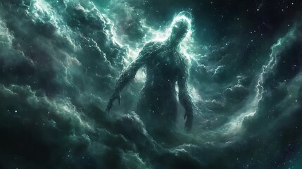 Glowing humanoid figure emerging from green clouds in the night sky.  Mystical, spiritual, and fantasy art concept.