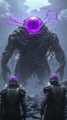 Fototapeta premium Fantasy monster with glowing purple orb and two knights in dark armor