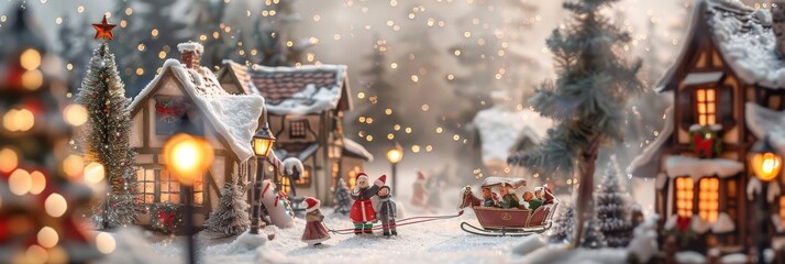 Obraz premium Immerse yourself in the magical winter village with snow, twinkling lights, and festive cheer, evoking joy and warm nostalgia during the holiday season, creating a picturesque and cozy atmosphere