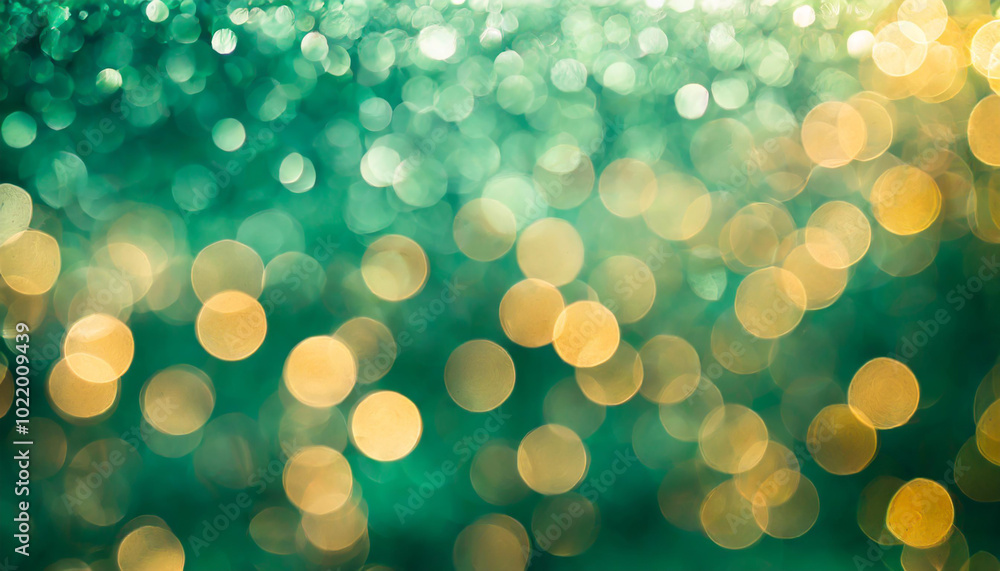 Poster soft, blurred bokeh lights creating a mesmerizing effect against a green backdrop in a serene, abstr