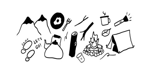 Travel, Vacation, and Camp Doodle Set | Minimalist Black & White Vector Illustration