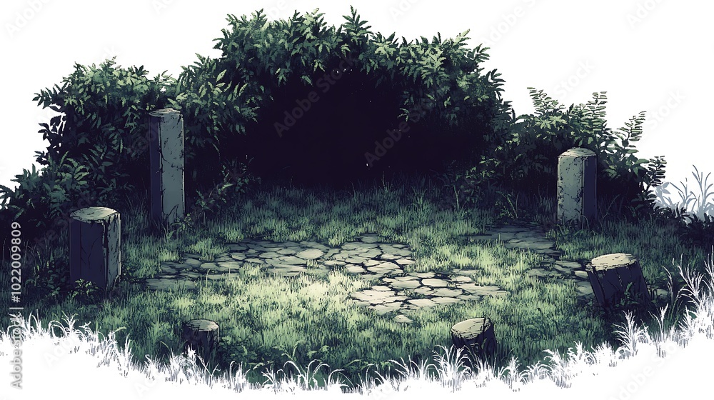 Poster stone circle hidden in lush greenery, fantasy game design element