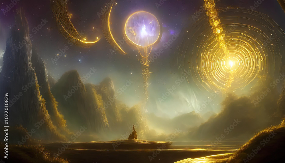 Poster futuristic landscape with glowing celestial structures and a human figure in a tranquil setting at d