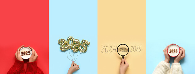 Set of hands with coffee, balloons and magnifier on color background. Celebration of New Year 2025