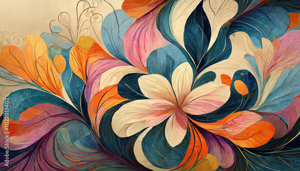 Poster vibrant floral abstract design with intricate patterns and lively colors against a neutral backgroun