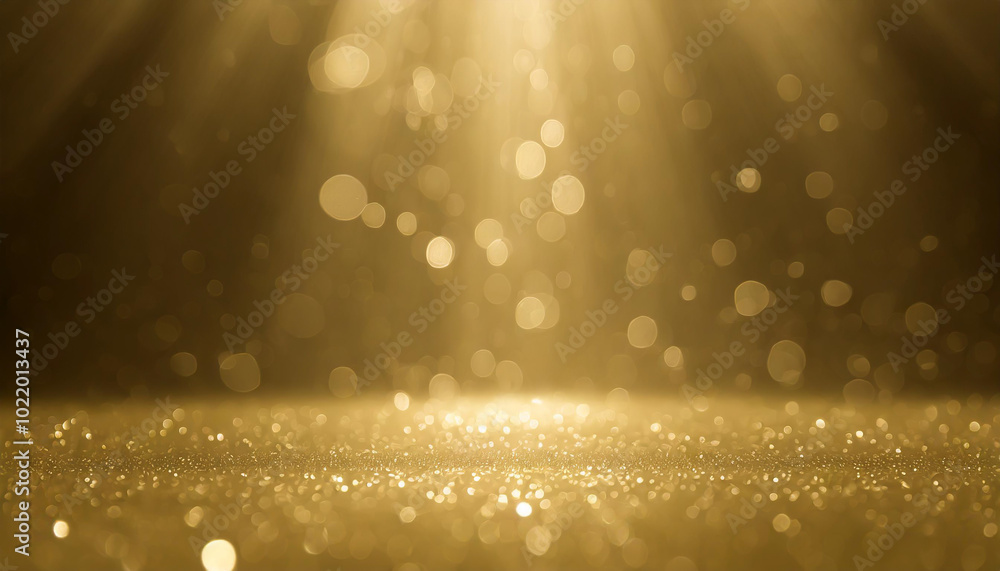 Poster golden light beams create a magical atmosphere filled with sparkling particles on a surface in a dar