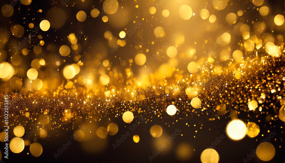 Poster sparkling golden bokeh lights create a shimmering effect in a dark background during a festive celeb