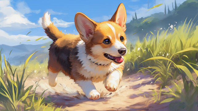 A cheerful anime dog joyfully runs through a vibrant green field under a bright blue sky, capturing a moment of pure happiness in nature
