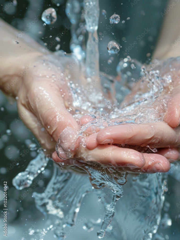 Poster Two hands are being washed under a clear stream of water, highlighting the importance of cleanliness in a calm outdoor environment. Generative AI