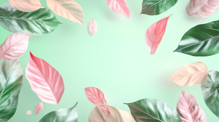 A vibrant arrangement of tropical leaves in shades of green, pink, and cream, set against a soft mint background, perfect for nature-inspired designs.