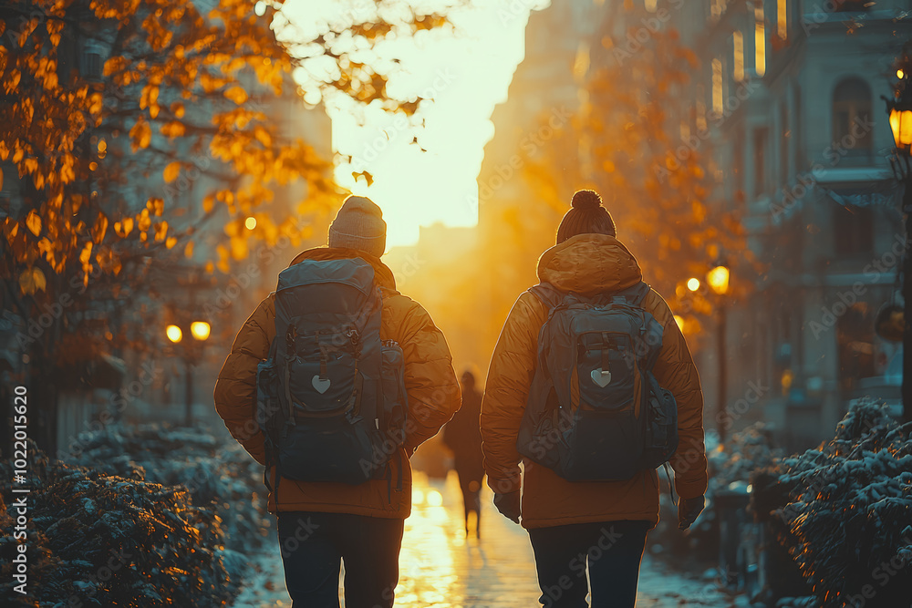 Canvas Prints Two friends taking a walk through the city, catching up on life and simply enjoying each other's presence. Concept of friendship.