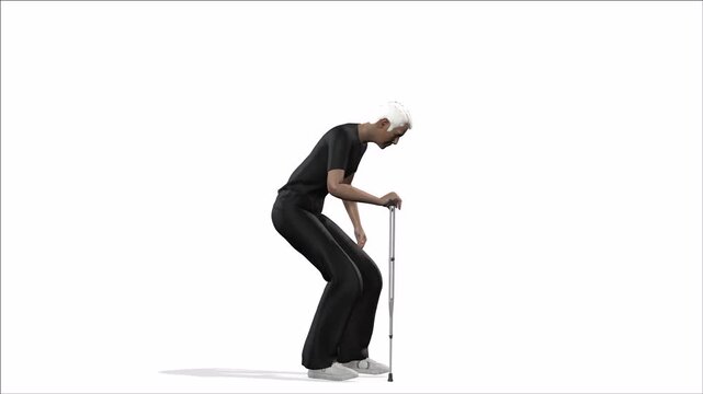 4k old man holding an axillary crutch and jumping animation with a cycle camera view on a white screen, The 3D character of an unhealthy elderly man Aluminum Crutches jumping on a white background