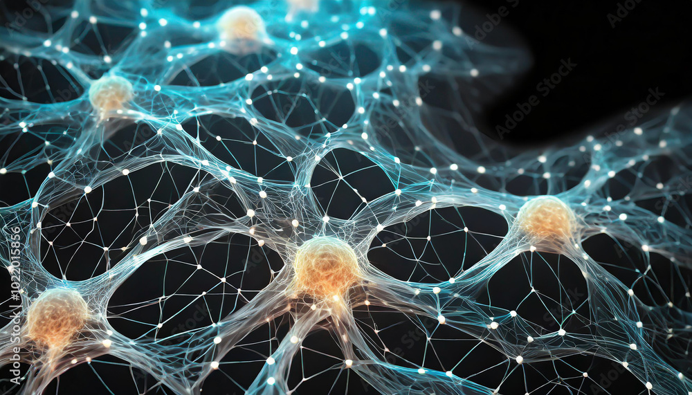 Poster illuminated neural network structure showcasing connections among neurons in a dark background, high